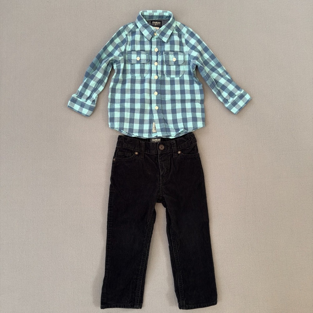 Oshkosh B'gosh Plaid Button Up Shirt & Corduroy Pants Set Boys Toddler‎ Size 3T